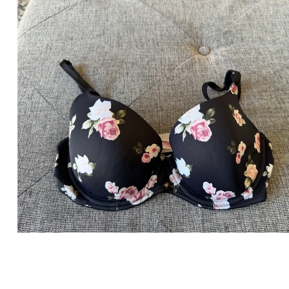 Victorias Secret PINK Wear Everywhere Lightly Lined Bra 34C Black Floral Rose